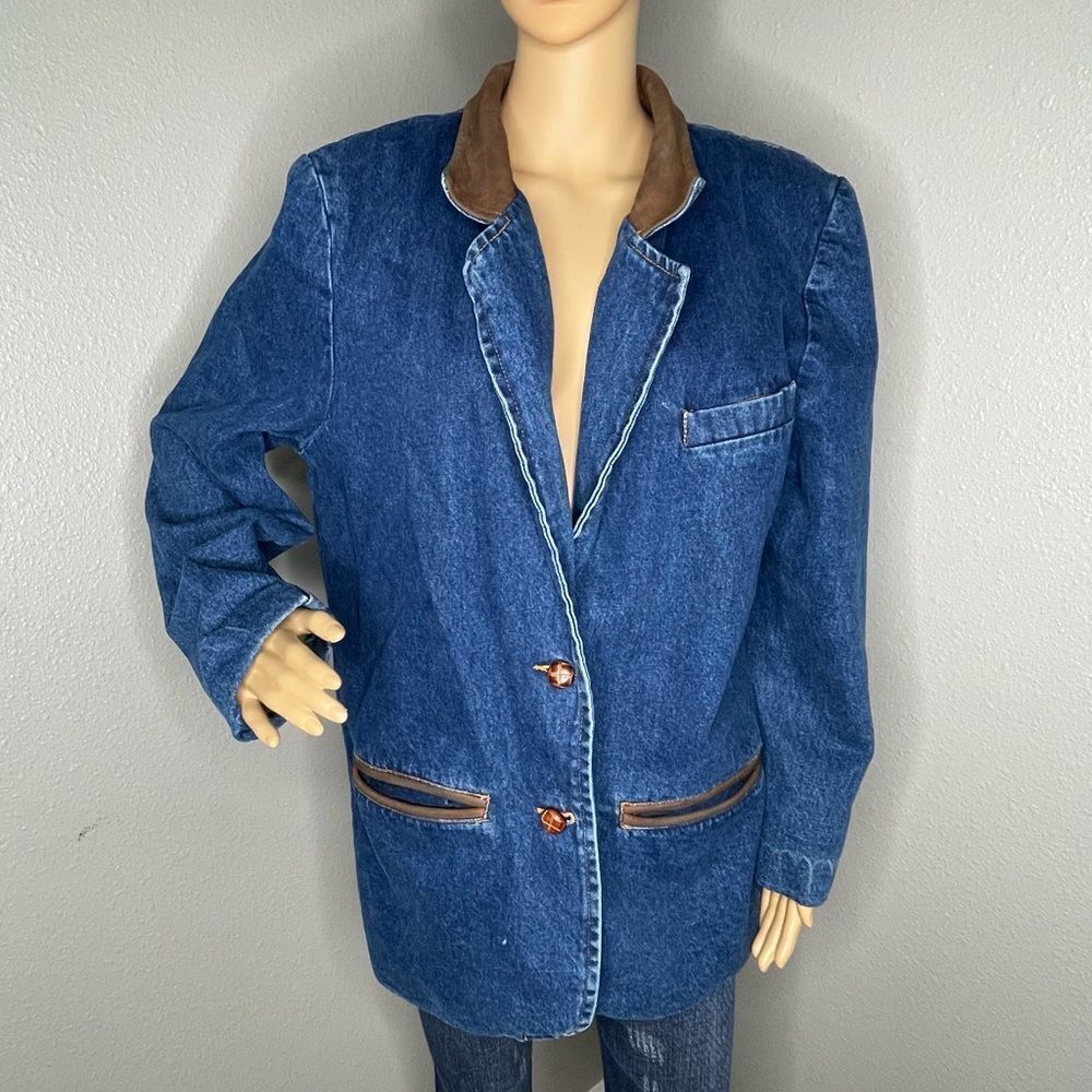 Vintage Forenza Blue Denim with Leather Collar Jacket Size Medium